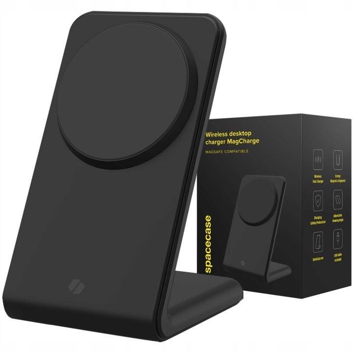 Incarcator wireless Spacecase MagCharge WM2B, 15W, negru, set cu cablu USB-C