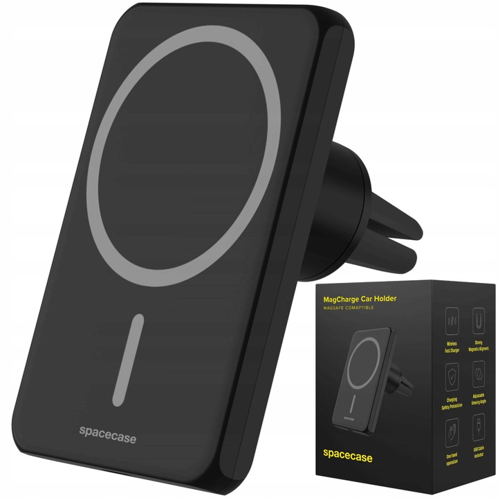 Spacecase autós telefontartó, MagCharge WM1B, vezeték nélküli töltés, MagSafe kompatibilis, fekete