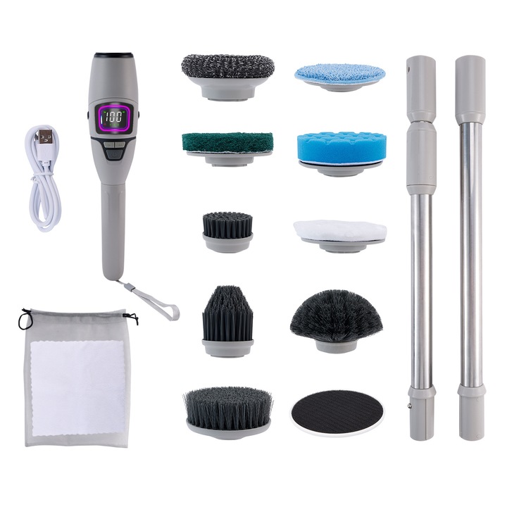 Scrubber rotativ electric 10 in 1, scrubber electric de curatare pentru baie, periuie de curatare dus fara fir care poate fi extinsa, contact impermeabil IPX7 cu ecran LED