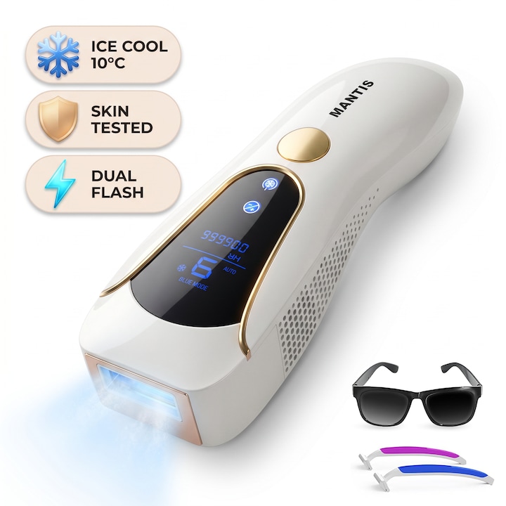 Фотоепилатор IPL MANTIS с Ice-Cooling за безболезнено Фотоепилатор у дома, фотоепилатор ipl, 999 999 импулса, автоматичен-ръчен режим, 9 нива на енергия, фотоепилатор за лице, тяло, подмишници и бикини зона, фотоепилатор ipl с охлаждащ накрайник