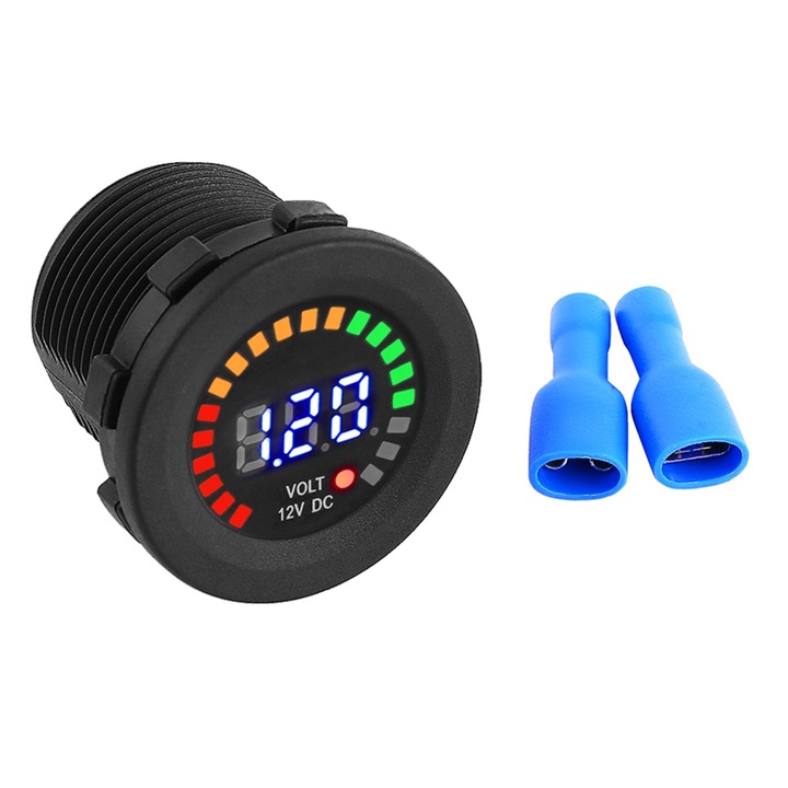 Voltmetru digital cu afisaj LED pentru motocicleta si masina, 12 V, impermeabil, cu tensiune, negru