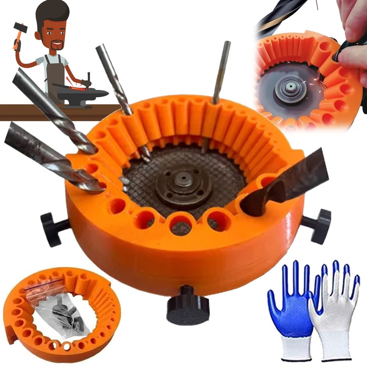Ascutitor pentru burghie, Puepoul, Dispozitiv tip lama mare pentru polizor unghiular, Cu manusi, Compatibil cu burghie de 2 pana la 13 mm, Pentru polizor de 125 mm, Portocalie