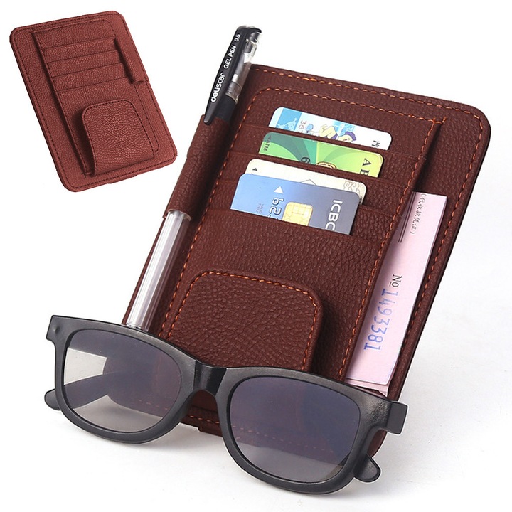Suport carduri auto din piele PU, organizator parasolar, negru-bej-maro, 15.5x12.3cm