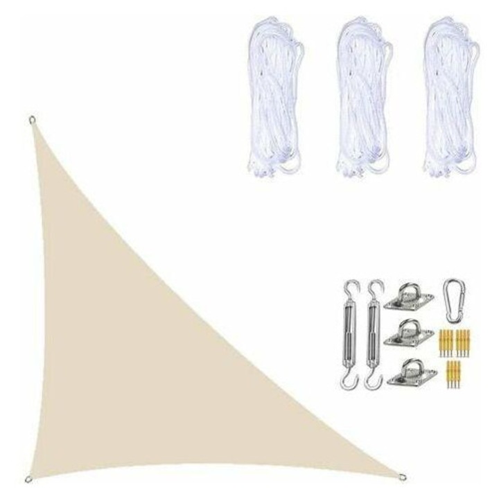 Водоустойчиво платно за сянка 3x4x5 метра, правоъгълен триъгълник, слънцезащитно платно с монтажни комплекти за градинска тераса и растения, бежово