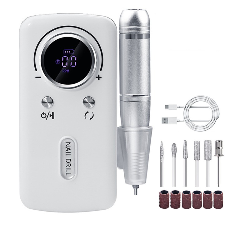 Professzionális körömcsiszoló szett, 45000 fordulat/perc, 6 fej, újratölthető, fehér