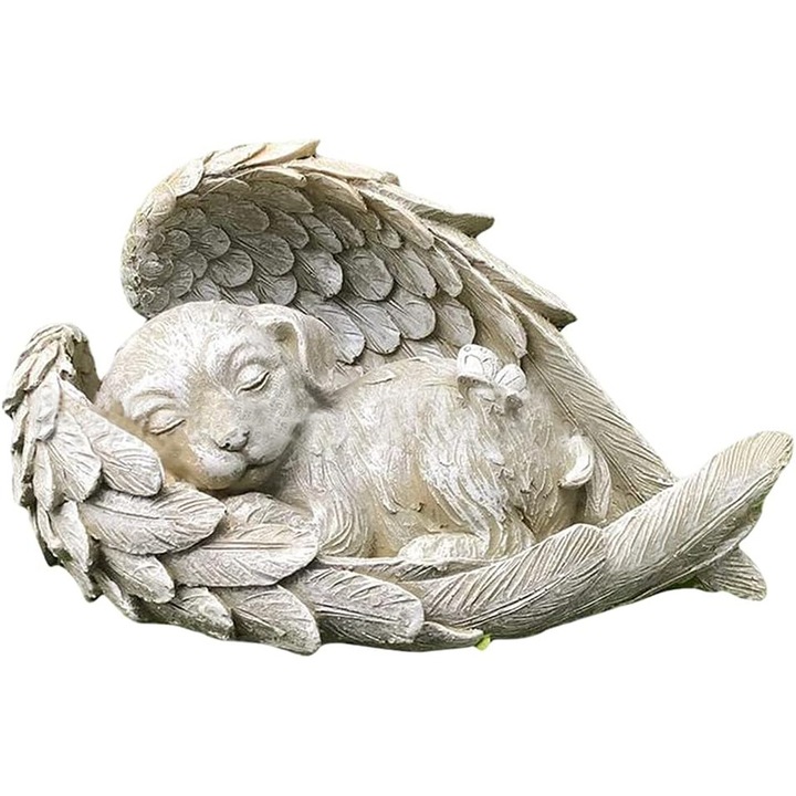 Kutya-macska angyal szobor, 12cm, szürke, gyanta, időjárásálló
