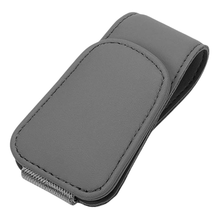 Mágneses bőr autós napszemüvegtartó, napszemüveg csipesz autó napellenzőjére, univerzális autós belső kiegészítő különböző méretű szemüvegekhez (szürke)