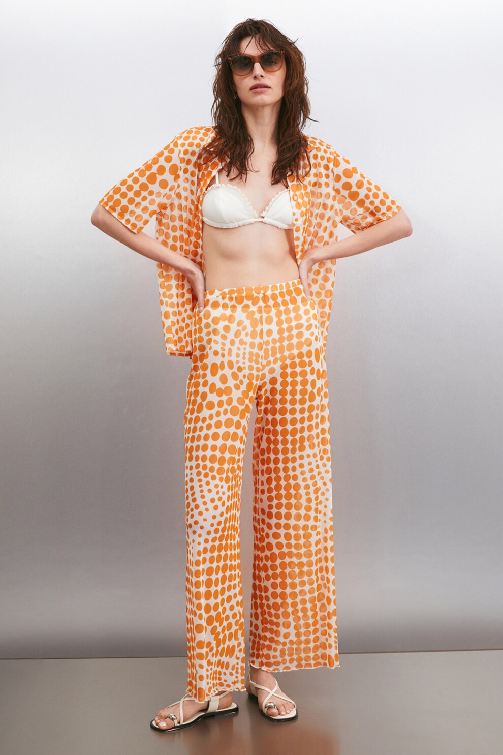 GRIMELANGE, Pantaloni semitransparenti cu croiala ampla Arista, Alb, Portocaliu, S