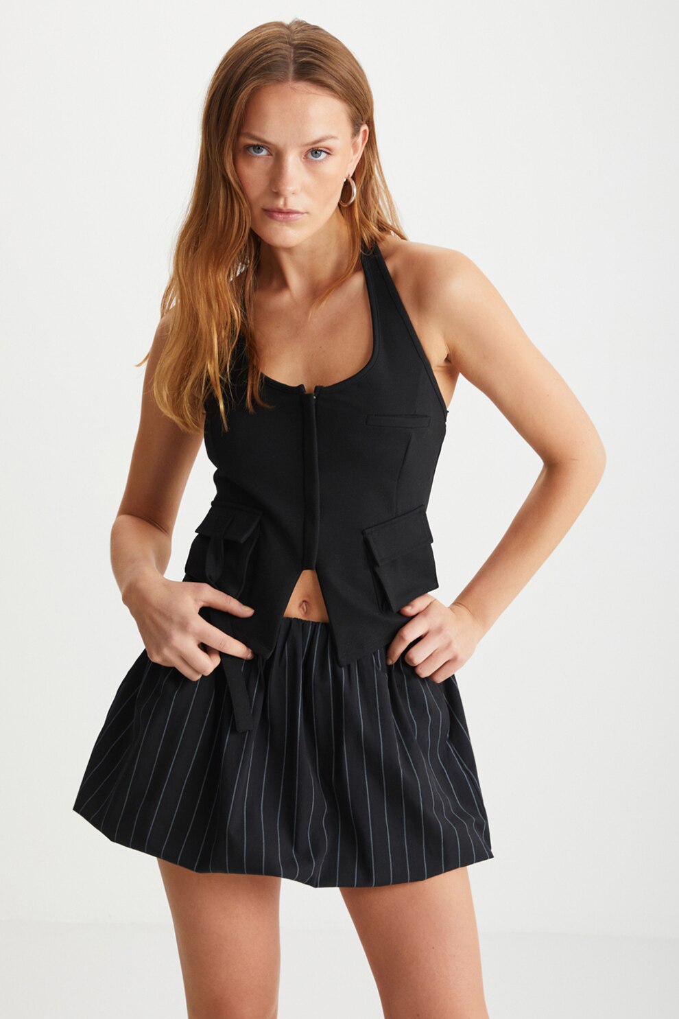 GRIMELANGE, Fusta mini din bumbac cu buzunare, Gri deschis, Negru stins, L