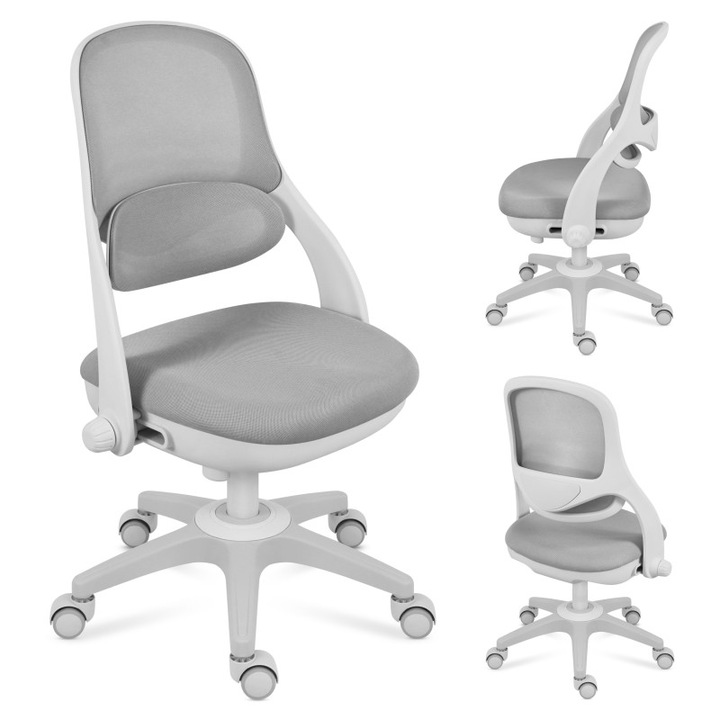 Scaun rotativ pentru copii Mark Adler Junior 4.7, Scaun reglabil si suport lombar, Roti gravitationale cu dispozitiv de blocare, Ergonomic, Gri