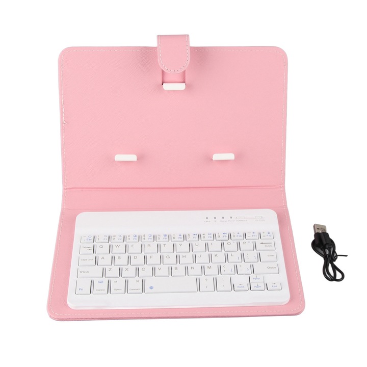 Husa cu tastatura Bluetooth detasabila Fokelyi pentru telefoane 4.5''-6.8'', roz, dimensiuni 21x14x4cm