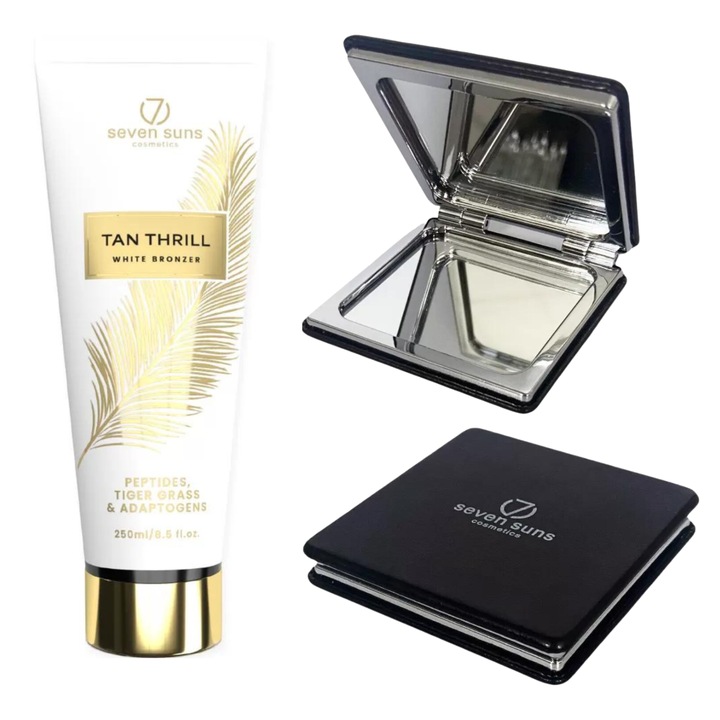 7suns Tan Thrill White önbarnító bronzosító, 250ml, hidratáló és öregedésgátló hatással, dupla tükörrel ellátott szett