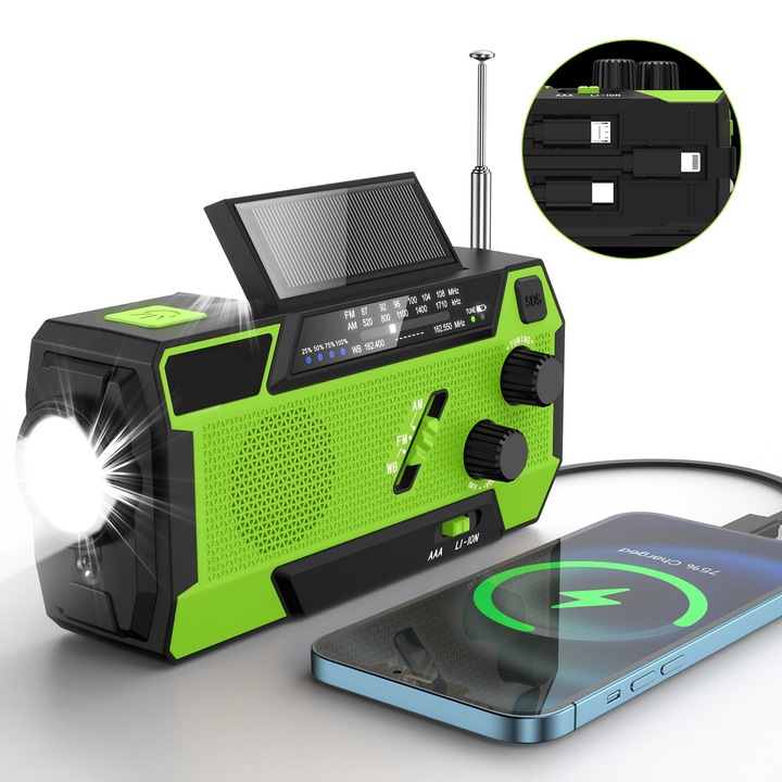 Преносимо къмпинг радио с LED лампа, Excitat@, 4000 mAh външна батерия, 3 в 1 кабел за зареждане, SOS аларма, 4 режима на зареждане, зелено
