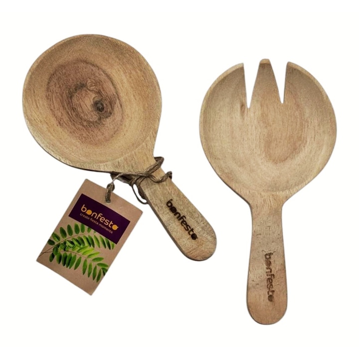 Set 2 ustensile pentru amestecat salata, Bonfesto®, lingura si furculita din lemn natural de Acacia, 15 x 8 x 1.5 cm
