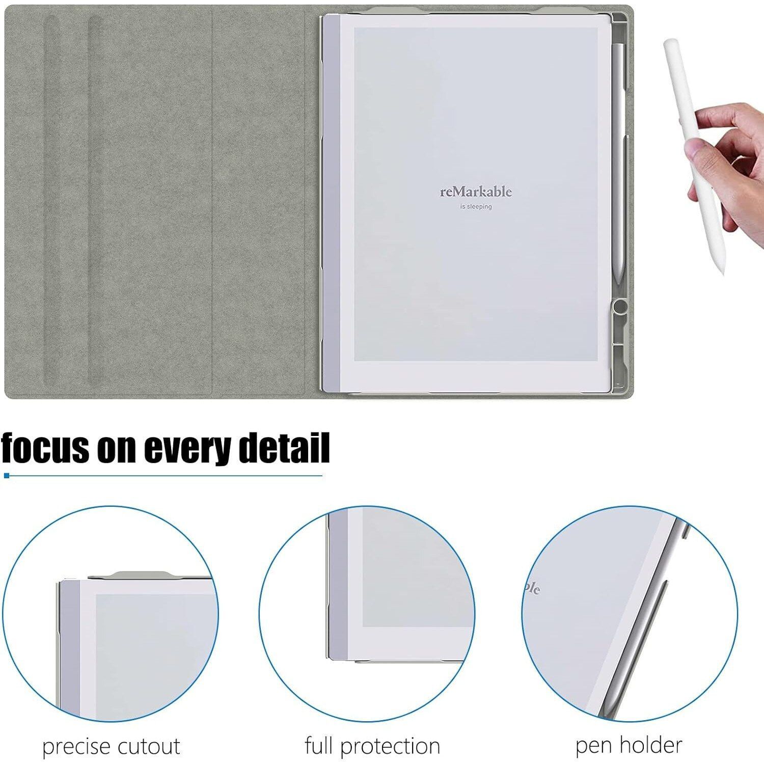 Husa pentru tableta reMarkable 2, permite rotatie completa 360 grade, cu suport pentru stilou, inchidere magnetica, 10.3 inch, gri