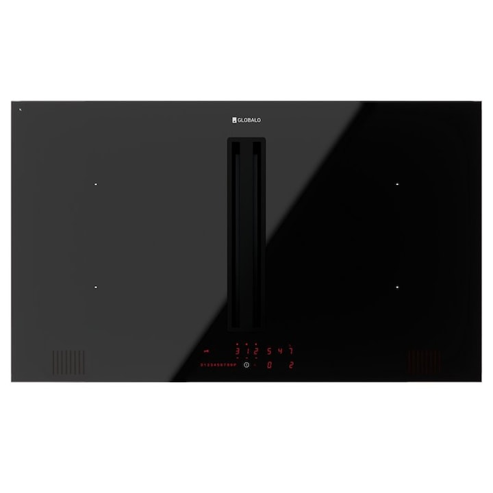 Индукционен котлон за вграждане с вграден аспиратор GLOBALO Plantis 90.1 Black/Black, аспиратор 638 mc/h, 80см, 4 зони за готвене, Функция за комбиниране на зони, Клас A++, 9 нива на мощност, Touch Control, Таймер Child lock, Черен