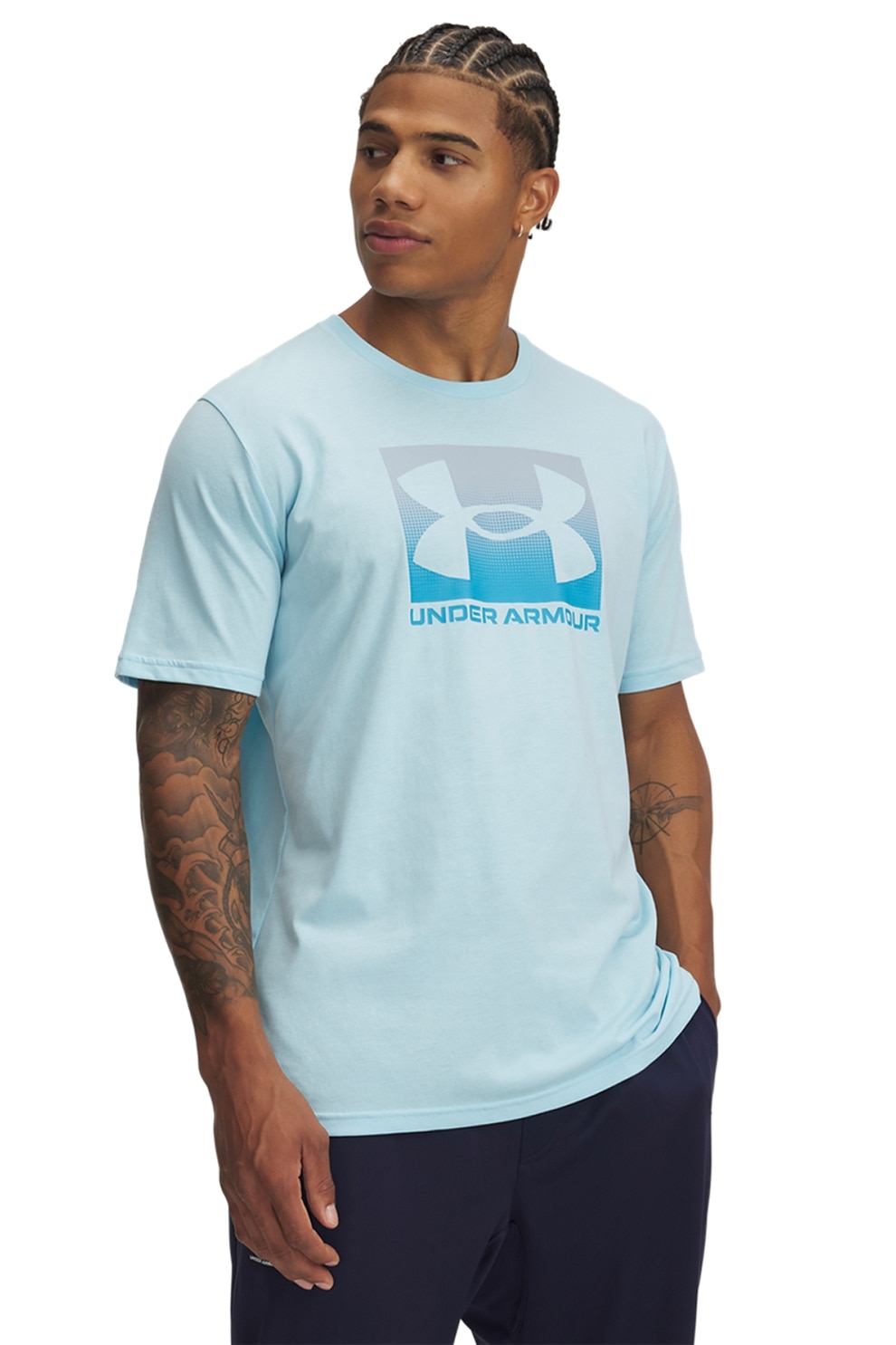 Under Armour, Tricou lejer cu logo Boxed, Albastru deschis, M
