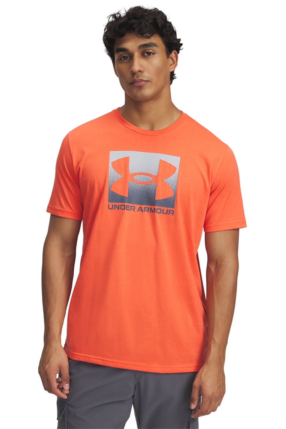 Under Armour, Tricou lejer cu logo Boxed, Gri, Portocaliu, L