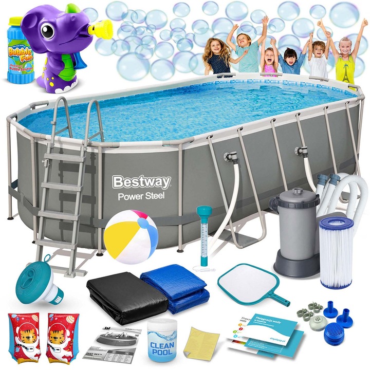 Комплект градински басейн с метална конструкция, Bestway, 549x274x122 см, 18 в 1, обем 13430 литра, сив цвят, с аксесоари