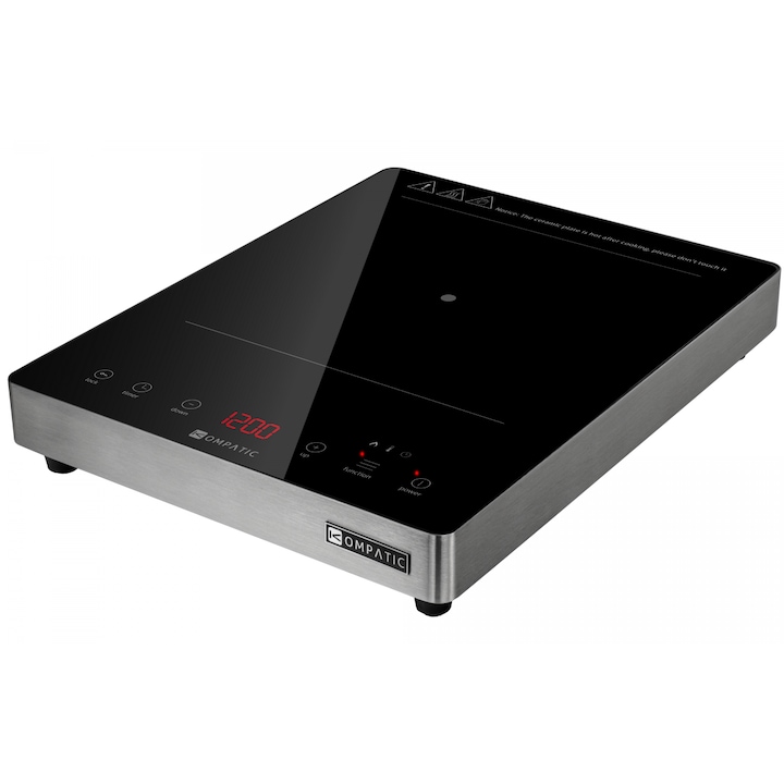 Индукционен котлон Kompatic by Turbionaire KFE20TBT1, 2000W, полупрофесионален, 10 температурни нива, 8 нива на мощност, таймер, сензорно управление, черно керамично стъкло, покритие от неръждаема стомана