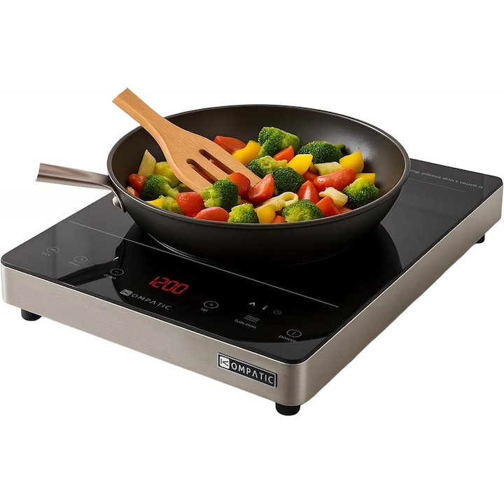 Plita Semi - profesionala Kompatic by Turbionaire KFE20TBT1, 2000W, Inductie 10 trepte temperatura, 8 trepte de putere, Timer, Control Touch, Sticla ceramica neagra, Finisaj Inox