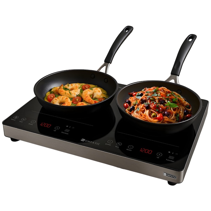 Plita Semi - profesionala Kompatic by Turbionaire KFE35TBT2, 3500W, Inductie, 2 zone de gatit, 10 trepte temperatura, Functie Boost, Timer, Control Touch, Sticla ceramica neagra, Finisaj Inox