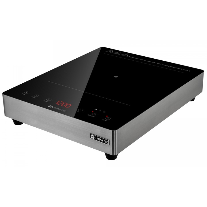 Индукционен котлон Kompatic by Turbionaire KFE35TPBT1, 3500W, Професионален, 10 температурни настройки, Таймер, Сензорно управление, Черно керамично стъкло, Покритие от неръждаема стомана, LED дисплей