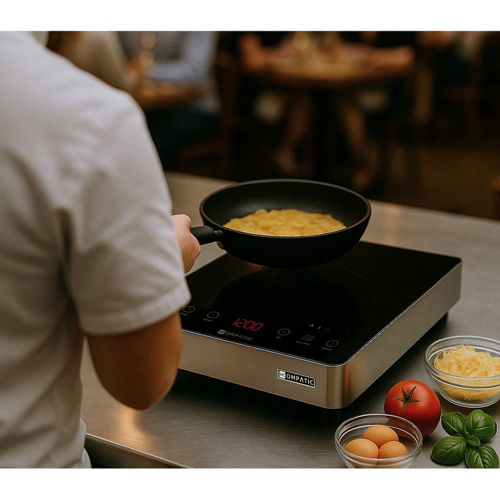 Plita Profesionala Kompatic by Turbionaire KFE35TPBT1, 3500W, Inductie, 10 trepte temperatura, Timer, Control Touch, Sticla ceramica neagra, Finisaj Inox, Display LED