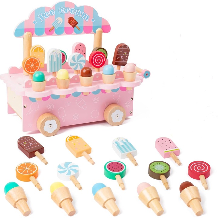 Set joaca cu camion de inghetata din lemn, HNSMART, 1 camion, 5 inghetate, 4 popsicle mari, 4 popsicle mici, roz, 20.2x31.5x9cm