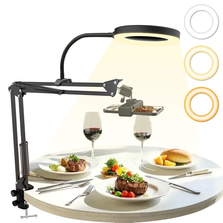 Suport pentru telefon de birou, cu 6'' Lampa circulara, BIGLISTENING®, Lumina ReceCalda Neutra, Clema de brat metalic, Flexibil, pentru VLOG, Inregistrare video, Negru