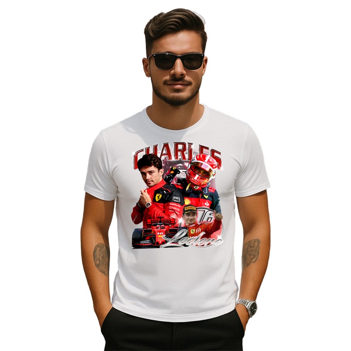Tricou barbat Formula 1 Charles Leclerc Pilot personalizat cu imprimeu Cri-Flo, din bumbac 100%, Alb, Marime L
