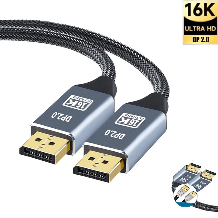 Cablu DisplayPort 2.0, 16K 60Hz, 8K 120Hz, 4K 240Hz, 3 metri, gri