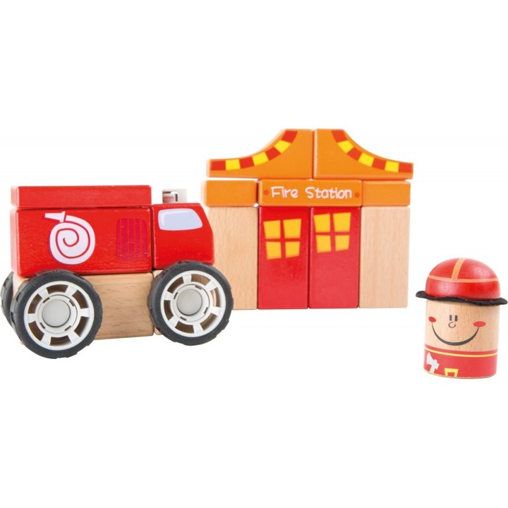 Cuburi de constructie - Brigada de pompieri, Small Foot, rosu, lemn, 2 ani+