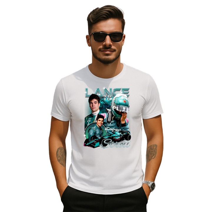 Tricou barbat Formula 1 Lance Stroll Pilot personalizat cu imprimeu Cri-Flo, din bumbac 100%, Alb, Marime M