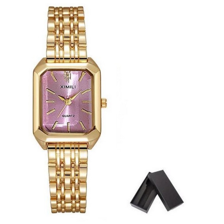 Ceas pentru dama SkyTechs® ceas dreptunghiular cadran analogic roz uz zilnic elegant indicator luminos miscare quartz curea otel inoxidabil