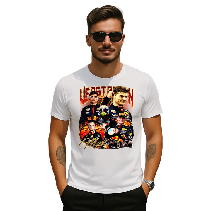 Tricou barbat Formula 1 Max Verstappen Pilot personalizat cu imprimeu Cri-Flo, din bumbac 100%, Alb, Marime L