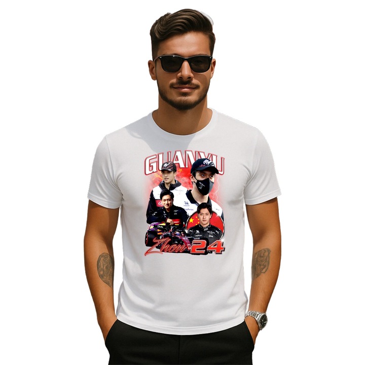 Tricou barbat Formula 1 Zhou Guanyu Pilot personalizat cu imprimeu Cri-Flo, din bumbac 100%, Alb, Marime L
