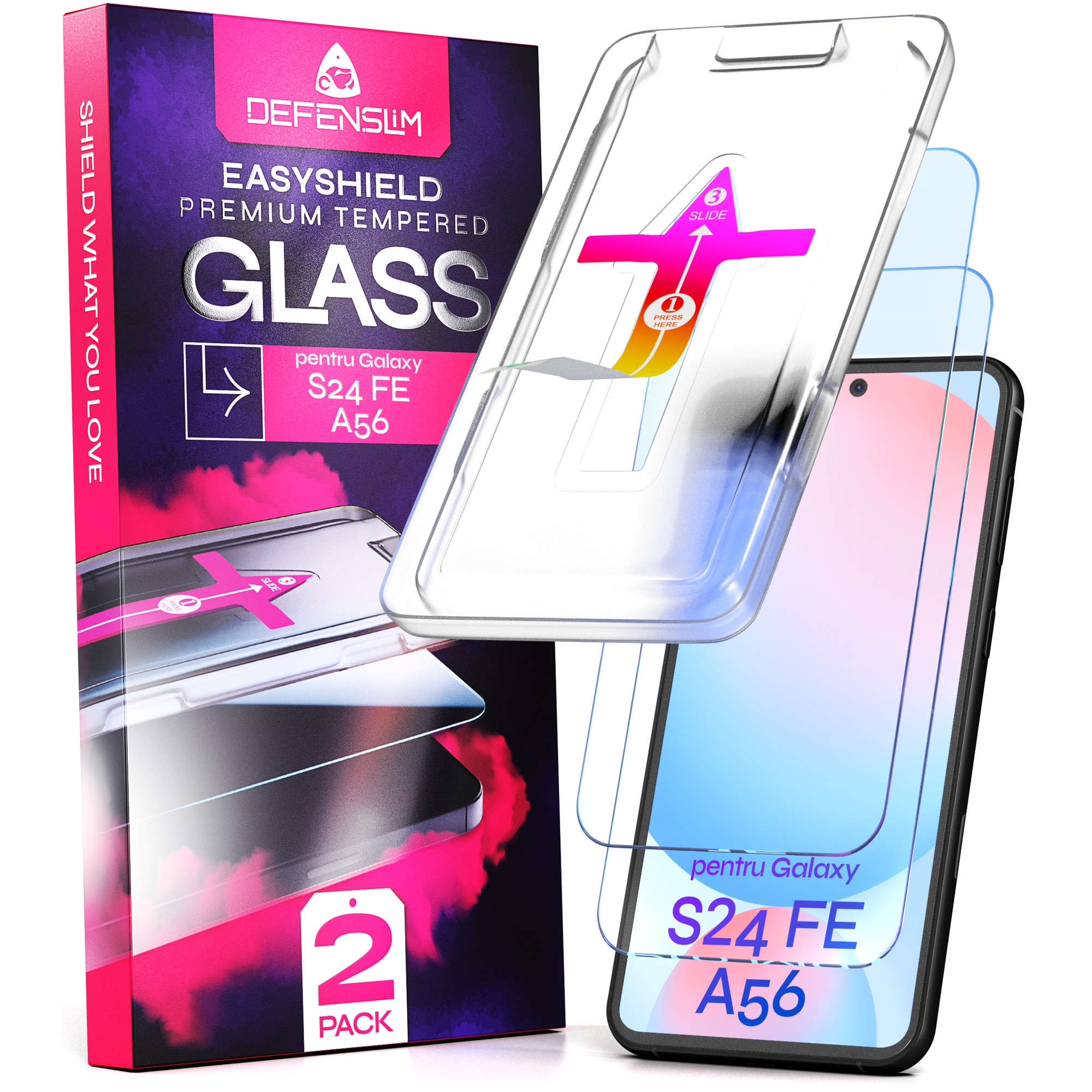 Set 2 Folii sticla compatibil cu Samsung Galaxy S24 FE/A56, DefenSlim, instalare usoara si rapida cu dispozitiv de potrivire automata in 30 sec cu Easy Install Kit patentat, protectie telefon