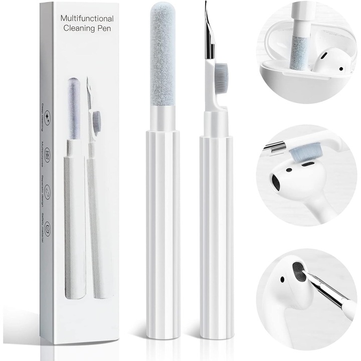 Set de curatare pentru casti 3-in-1, AKESON Set Profesional cu Perie Moale si Spongie pentru AirPods 4/Pro 2/3 & Dispozitive - Alb