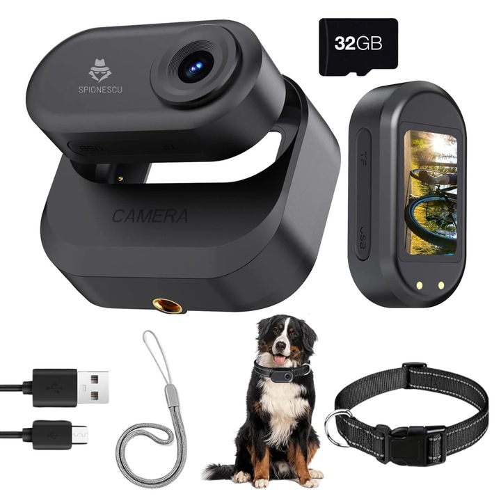 Mini camera video corporala 1080P cu viziune nocturna, Spionescu, clip rotativ 180°, montare magnetica, card microSD 32GB inclus, baterie 1150mAh, inregistrare in cucla si redare directa, negru