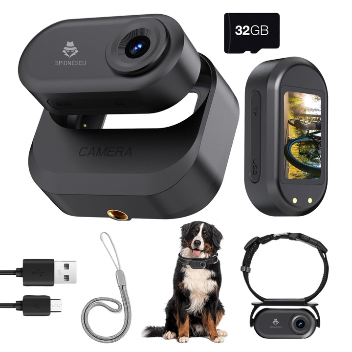 Мини 1080P телесна камера с нощно виждане, шпионка, въртяща се на 180° щипка, магнитна стойка, включена 32GB microSD карта, 1150mAh батерия, запис в стойката и директно възпроизвеждане, черен