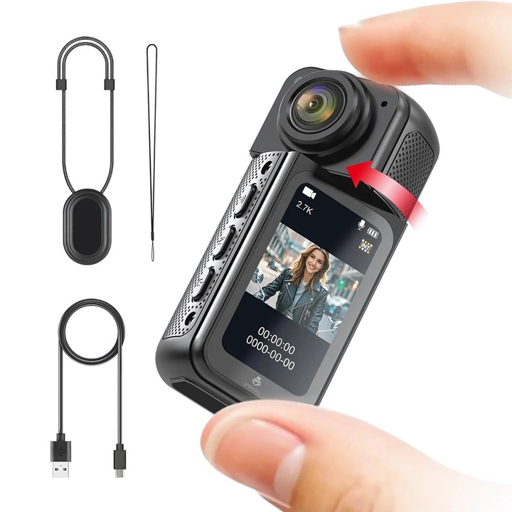 Mini camera video corporala 2.7K 1080P cu WiFi, S70, Spionescu, ecran HD de 1.47", design magnetic, viziune nocturna, inregistrare hands-free si suport card microSD, negru