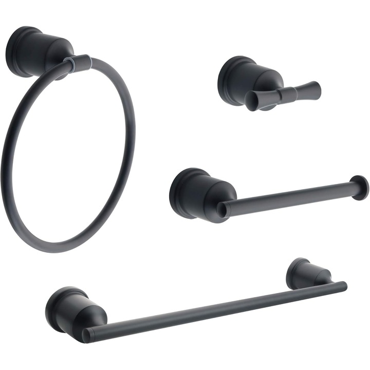Fürdőszobakiegészítő készlet, Törölközőtartó, WC-papír tartó, Törülközőtartó, Törülközőgyűrű, Csavaros rögzítés, Rozsdamentes acél, Fekete