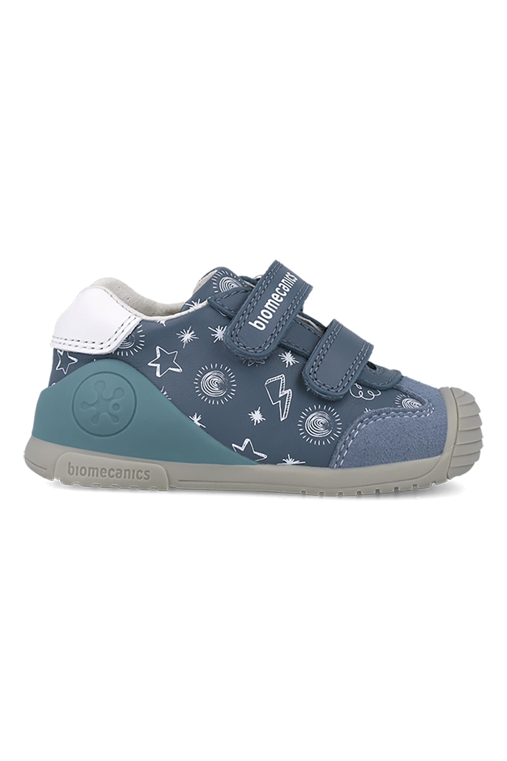 Biomecanics, Pantofi sport cu imprimeu si segment dublu cu inchidere velcro, Alb, Albastru prafuit, 18 EU