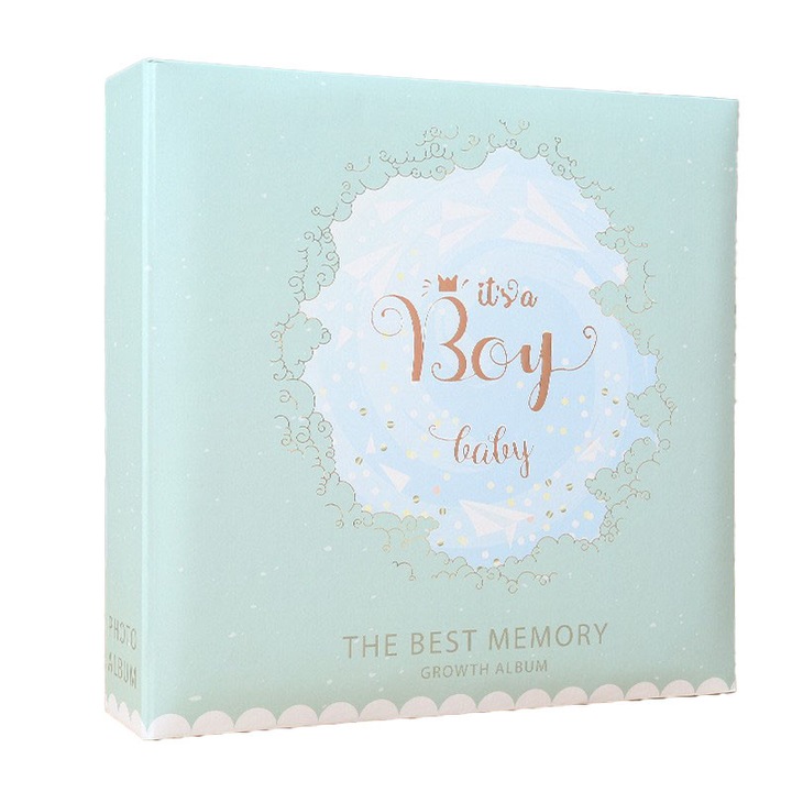 Album de Memorii Bebelus cu Inscriptii - Albastru, 200 Poze, 22,5x22x5,5 cm, Cadou Perfect pentru Parinti