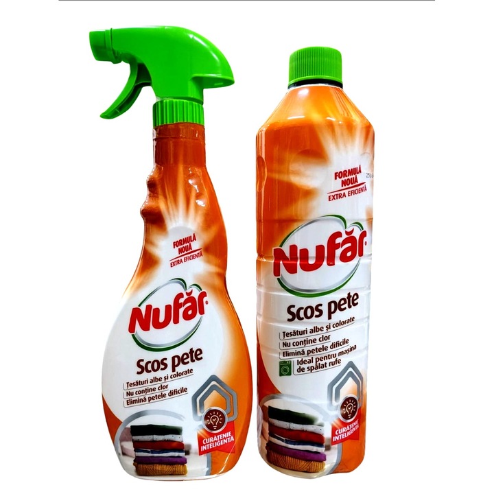 Solutie scos pete pentru tesaturi albe si colorate fara clor Nufar, 500 ml + Solutie scos pete pentru tesaturi albe si colorate fara clor Nufar, 1l