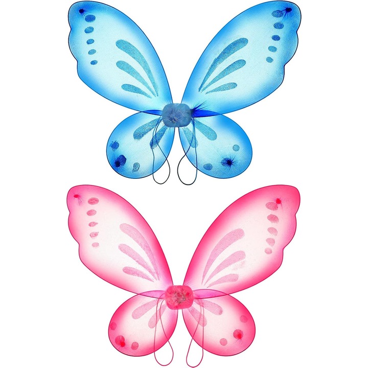 Set 2 aripi zana fluture, albastru lac si roz, 47x57cm, curele elastice
