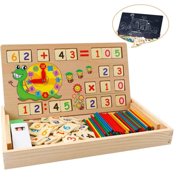 Jucarie educativa matematica din lemn ZYBLSSBB LSM2XH14867-LN-0680, set cu 59 placute numerice, 11 semne matematice, 100 betisoare colorate, tabla dubla (ceas + tabla neagra), creta si burete, multicolor