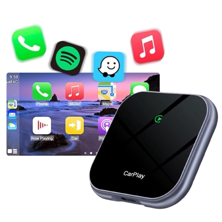 Adaptor/Modulator Wireless AMYMAT CarPlay pentru iPhone – Transforma CarPlay-ul Cablabil in Wireless, WiFi 2,4Ghz si 5Ghz, Procesor AI Compatibil IOS 10+ Plug & Play, Compatibilitate Universala, Conectivitate WiFi & Bluetooth