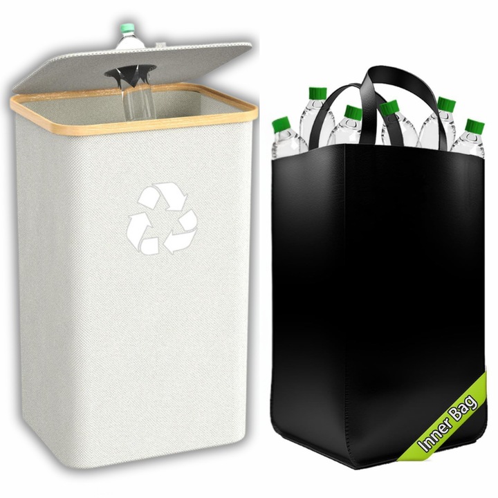 Sac Colector Reciclare 3 in 1 (Sticle/Plastic/Doze) Jaskus®, Geanta 100L, Textila Cationic 600D Anti-Zgarieturi/UV, Transport Usor 74x41x33 cm, Bej